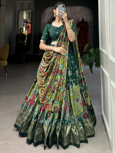 Fetching Green Kalamkari Print Tussar Silk Festival Wear Lehenga Choli - Ethnic Plus In